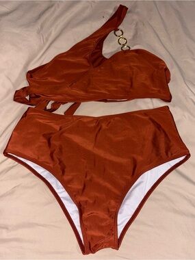 ROMWE Plus Size 1XL Brown One Shoulder Criss Cross High Waisted Bikini Gold Ring